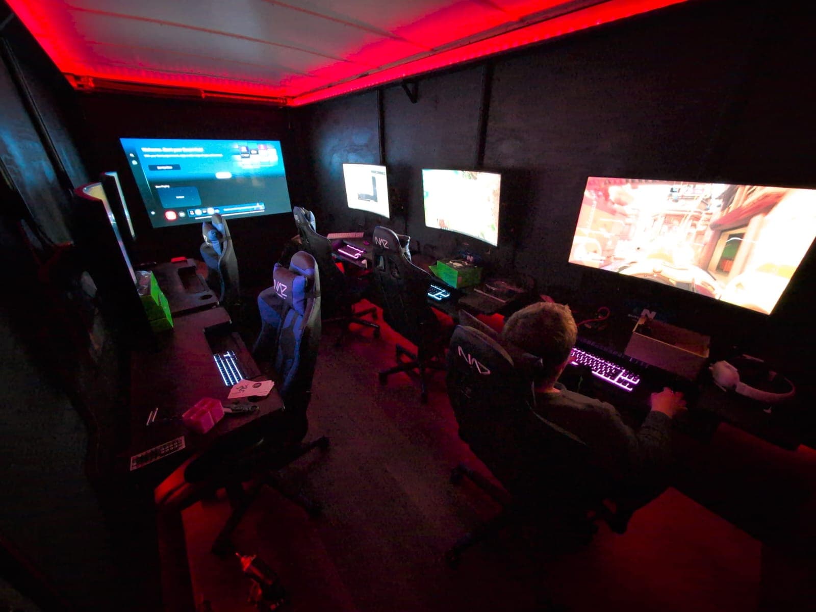 Multiple gaming screens inside the trailer