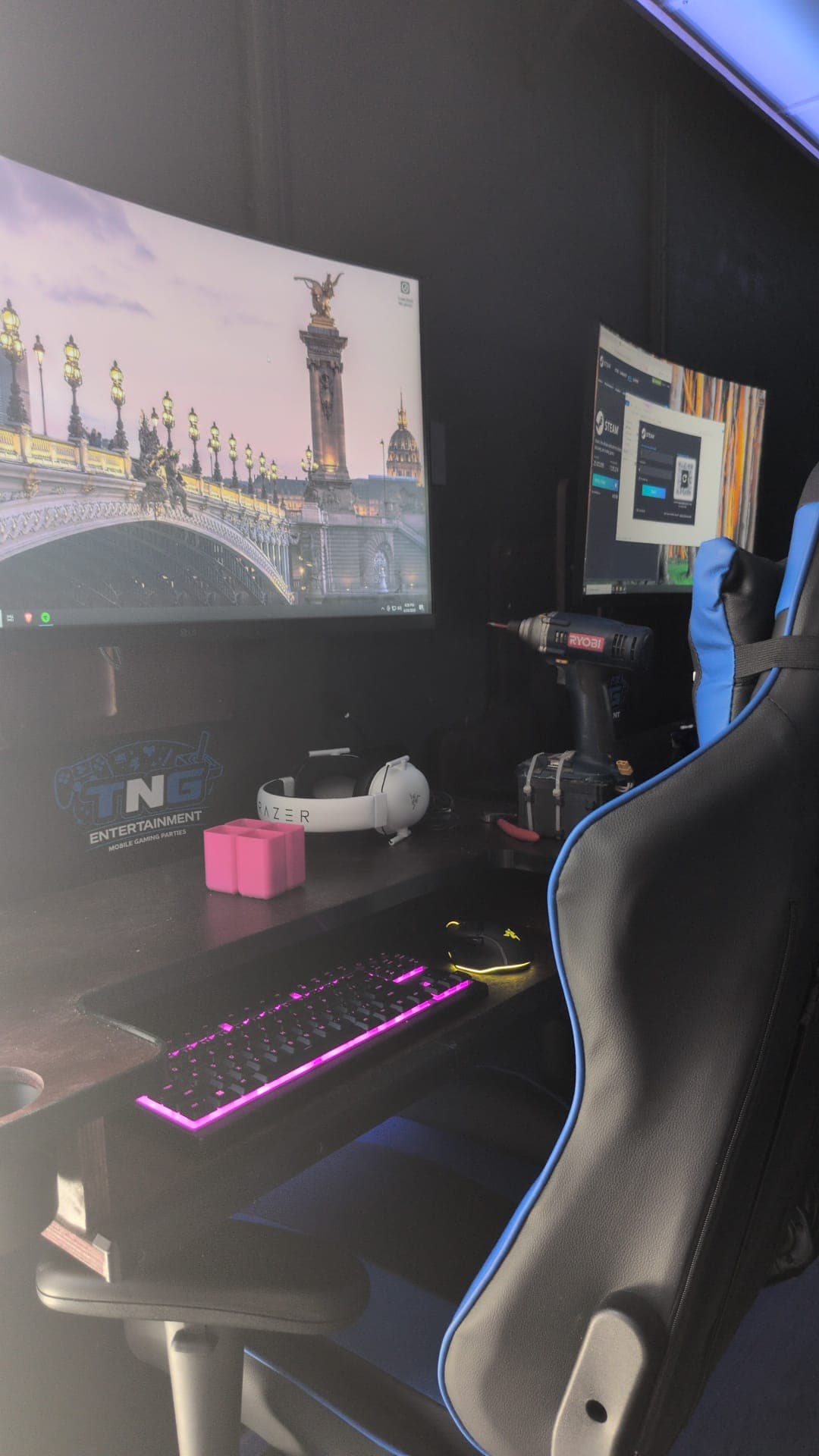 Full gaming station setup inside the trailer